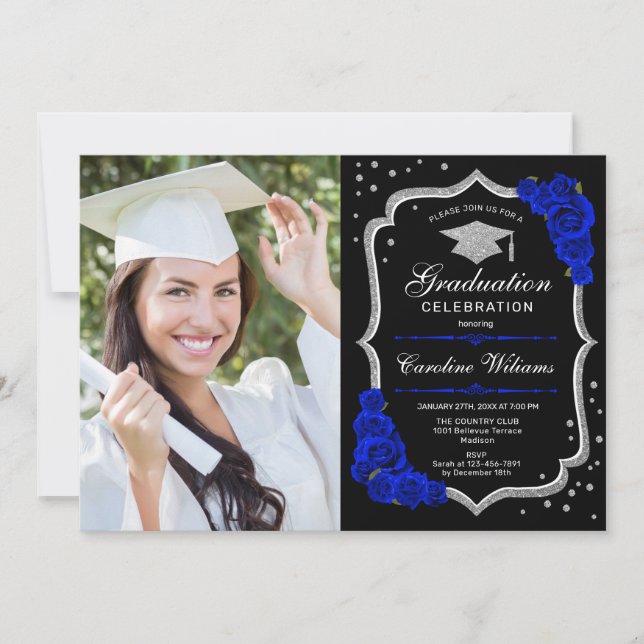 Graduierungsparty mit Foto - Royal Blue Silver Einladung (Vorderseite)