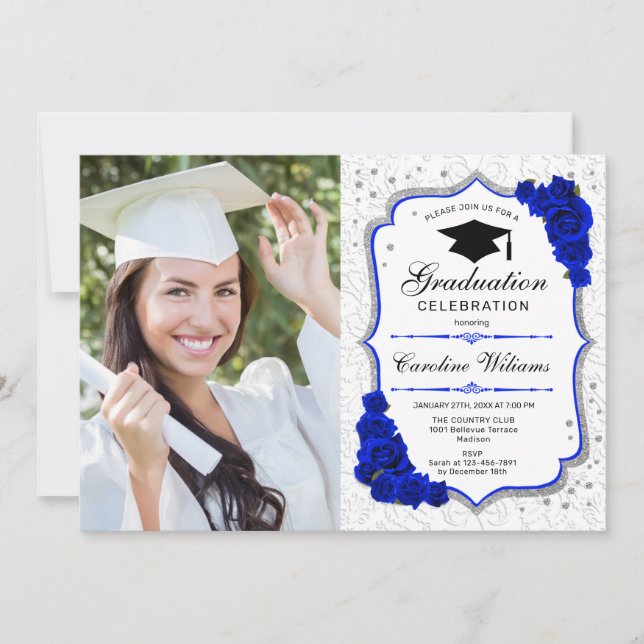 Graduierungsparty mit Foto - Royal Blue White Einladung (Vorderseite)