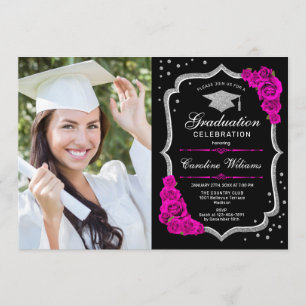 Graduierungsparty mit Foto - Schwarz-Silber-Rosa Einladung