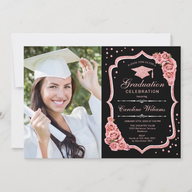 Graduierungsparty mit Foto - Schwarze Rose Gold Einladung (Vorderseite)