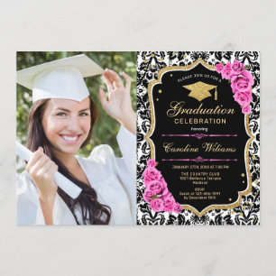 Graduierungsparty mit Foto - Schwarzes Rosa Gold Einladung
