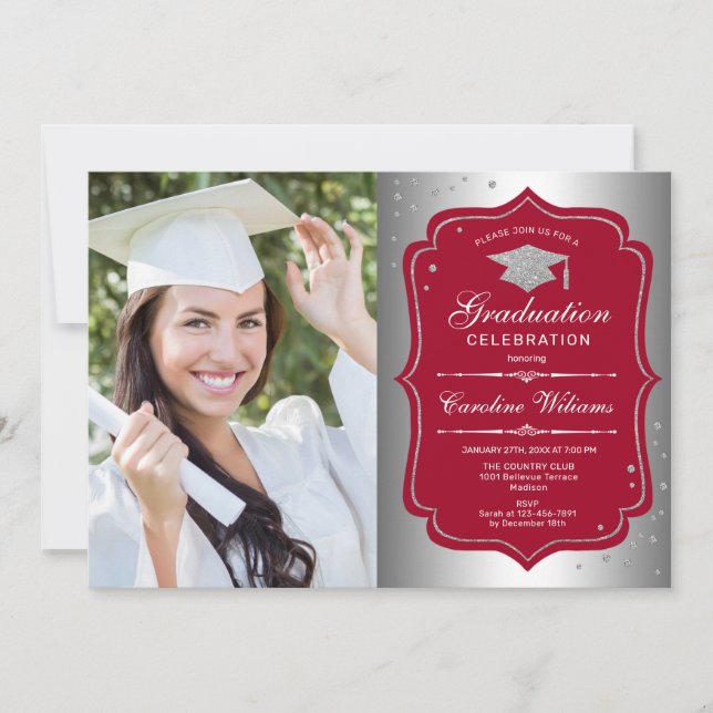 Graduierungsparty mit Foto - Silberrot Einladung (Vorderseite)