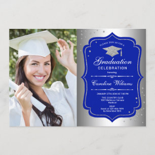 Graduierungsparty mit Foto - Silver Royal Blue Einladung