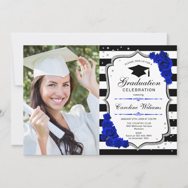 Graduierungsparty mit Foto - Silver Royal Blue Einladung (Vorderseite)