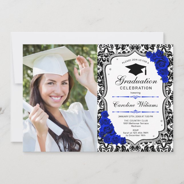 Graduierungsparty mit Foto - Silver Royal Blue Einladung (Vorderseite)