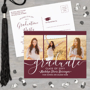 Graduierungsparty Moderner Maroon und Weiß 3 Foto Einladungspostkarte