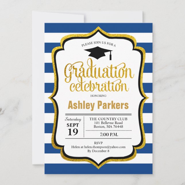 Graduierungsparty - Navy Blue Gold White Einladung (Vorderseite)