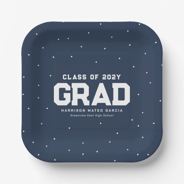 Graduierungsparty navy Blue grad Name Jahr Pappteller (Vorderseite)
