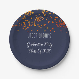 Graduierungsparty Orange Gold Confetti auf schwarz Pappteller