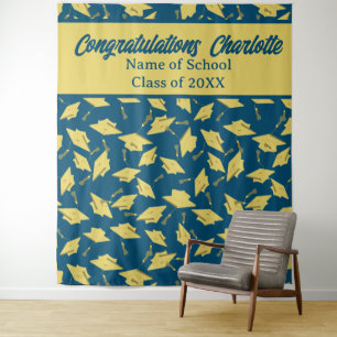 Graduierungsparty Personalisiertes Foto Op Blue & Wandteppich