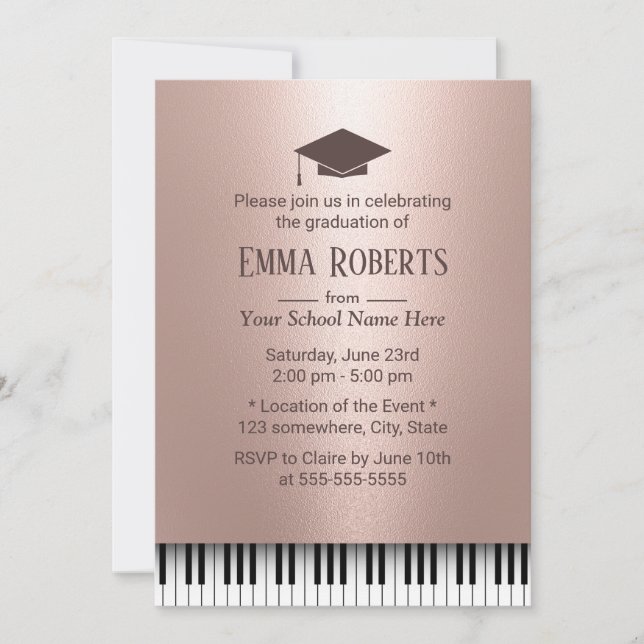 Graduierungsparty Rose Gold Piano Tonträger Einladung (Vorderseite)