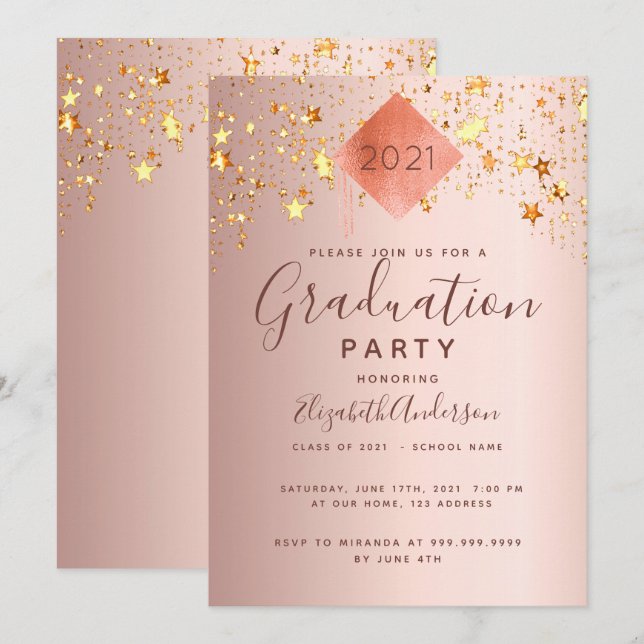 Graduierungsparty Rose Gold Topper Stars Einladung (Vorne/Hinten)