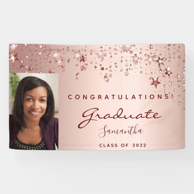 Graduierungsparty Rose Goldene Sterne Foto Banner (Horizontal)