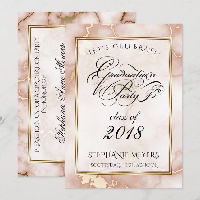 Graduierungsparty-Rose und Gold-Marmor Einladung (Vorne/Hinten)
