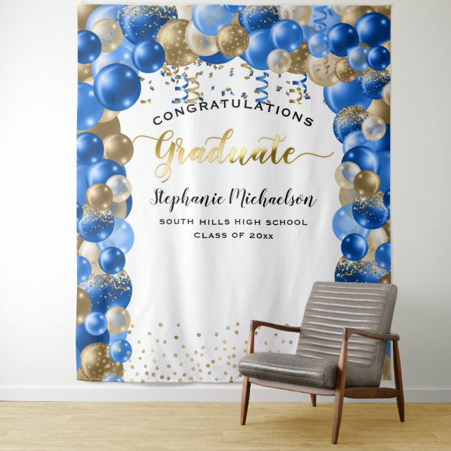 Graduierungsparty Royal Blue Gold Balloons Streame Wandteppich (Beispiel)