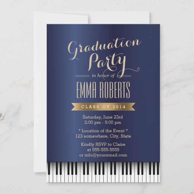 Graduierungsparty Royal Blue Piano Musik Einladung (Vorderseite)