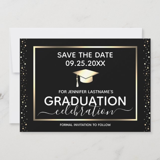 Graduierungsparty Save the Date Black and Gold Einladung (Vorderseite)