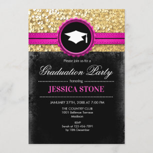 Graduierungsparty - Schwarzes Rosa Gold Einladung