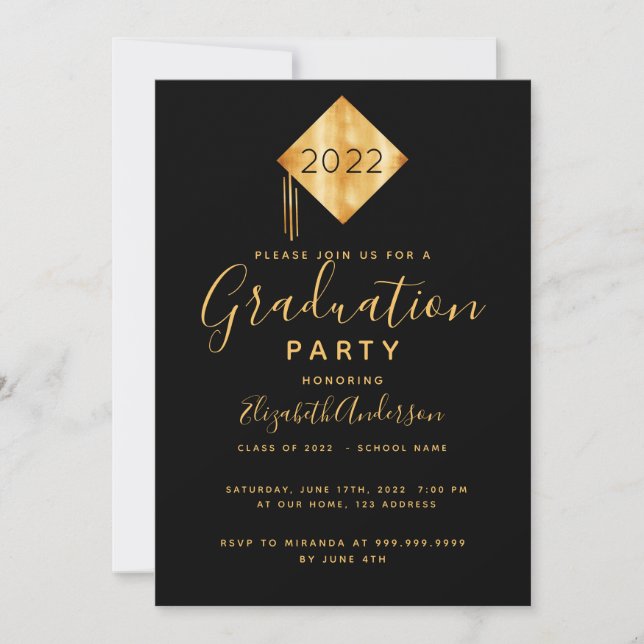 Graduierungsparty Topper Black Gold Einladung (Vorderseite)