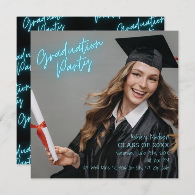 Graduierungsparty Türkis Neon Moderne Einladung (Vorne/Hinten)