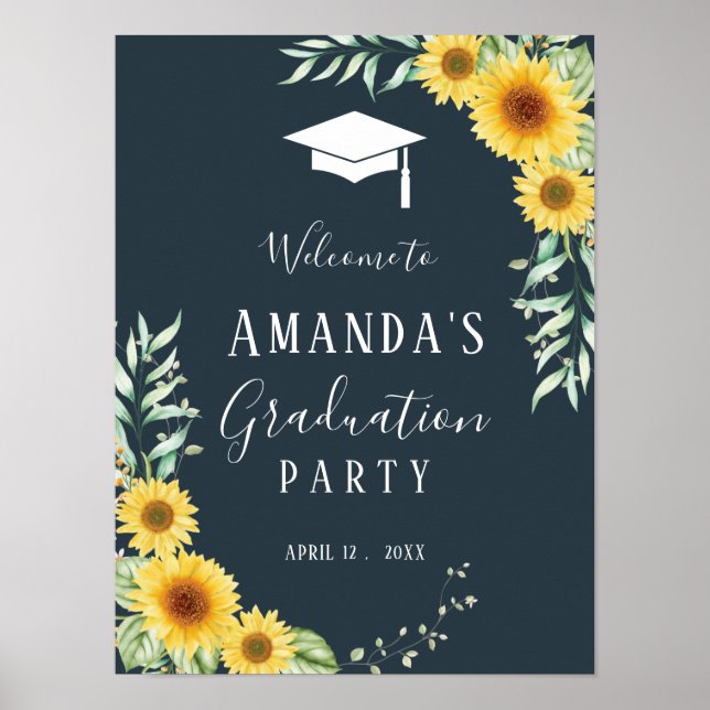 Graduierungsparty unterzeichnet Sonnenblumen blaue Poster (Vorne)