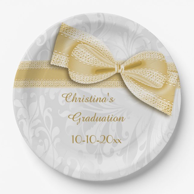 Gradution Golddamast und Imitat-Bogen Pappteller (Vorderseite)