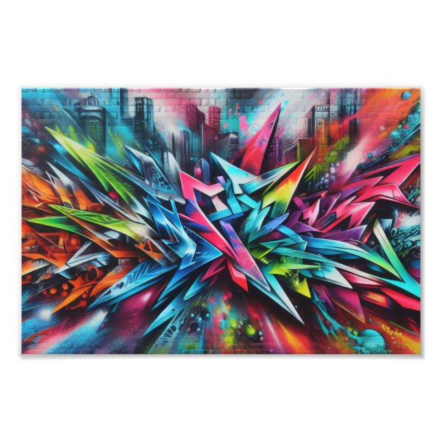 Graffiti auf Ziegelwand mit Skyline Streetart Fotodruck (Vorne)