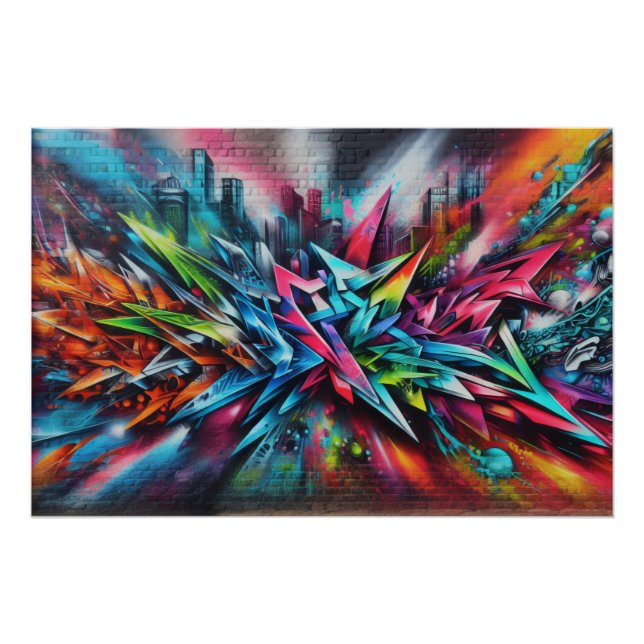 Graffiti auf Ziegelwand mit Skyline Streetart Poster (Vorderseite)