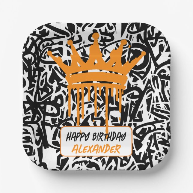 Graffiti Crown Black Orange Happy Birthday Pappteller (Vorderseite)