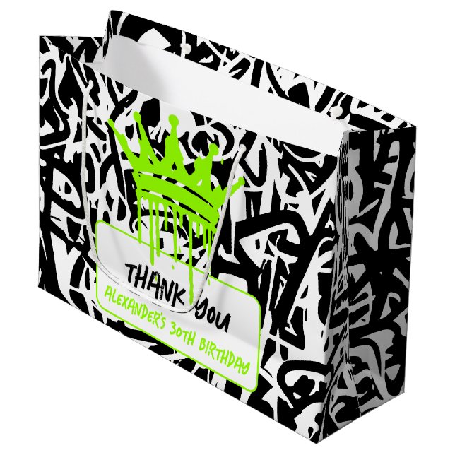 Graffiti Crown Green Black Birthday Vielen Dank Große Geschenktüte (Vorderseite Schrägansicht)
