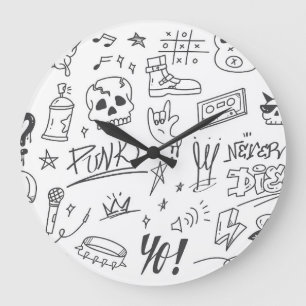 Graffiti Doodles: Punk Music Scribble Große Wanduhr