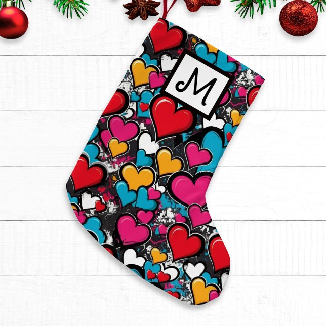 Graffiti Hearts Bright Colorful Monogrammed Kleiner Weihnachtsstrumpf (A colorful Christmas stocking with monogram initial and abstract graffiti style hearts design)