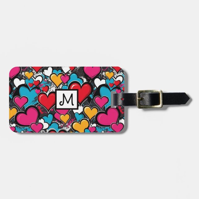 Graffiti Hearts Colorful Street Art Monogrammed Gepäckanhänger (Vorderseite horizontal)