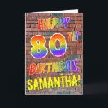 Graffiti inspirierter Regenbogen-Blick GLÜCKLICHER Karte<br><div class="desc">Die Front dieser Karten-Ausrüstungsbeschreibungen des vibrierenden, Aufregens und des Spaßes Geburtstag-themenorientierten Grußes die Mitteilung "GLÜCKLICHER 80. GEBURTSTAG" mit den Buchstaben, die einen mehrfarbigen Regenbogen haben, mögen Steigungsmuster, und ein kundengerechter Name färbte Gelb, auf einem Backsteinmauermusterhintergrund. Die Art wird durch die der Graffiti- oder Straßenkunst inspiriert, die auf Wand gezeichnet wird....</div>