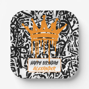 Graffiti-Krone Schwarz Orange Alles Gute zum Gebur Pappteller
