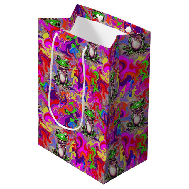 Graffiti-Kunst psychedelische Frösche farbenfrohe  Mittlere Geschenktüte (Vorderseite Schrägansicht)