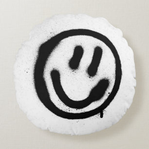 Graffiti-Lächeln-Gesicht-Emoticon in Schwarz auf W Rundes Kissen