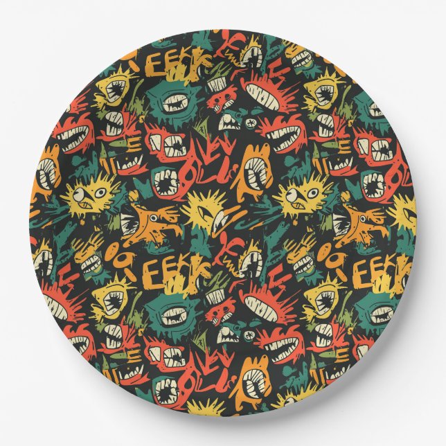 Graffiti-Monster Eek Schwarz Halloween Pappteller (Vorderseite)