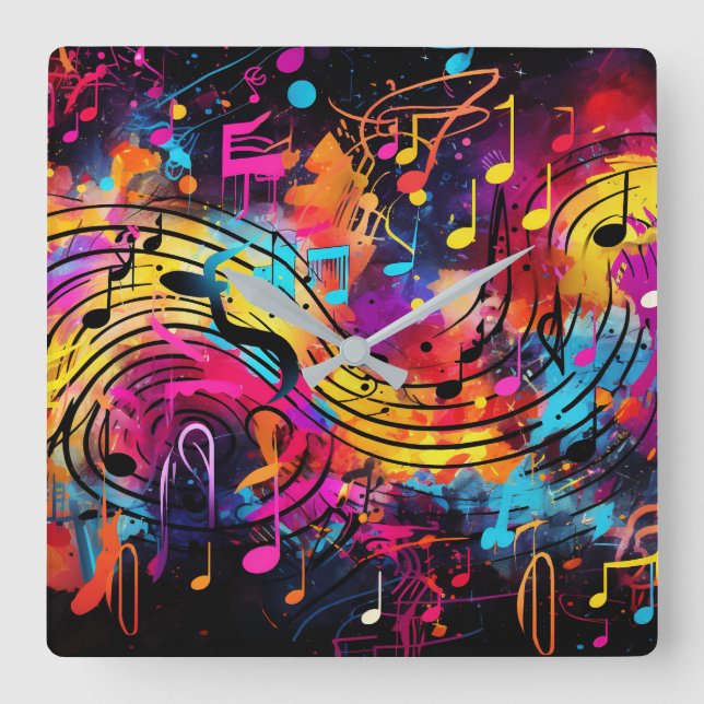 Graffiti Musical Notes Wall Clock Quadratische Wanduhr (Vorderseite)