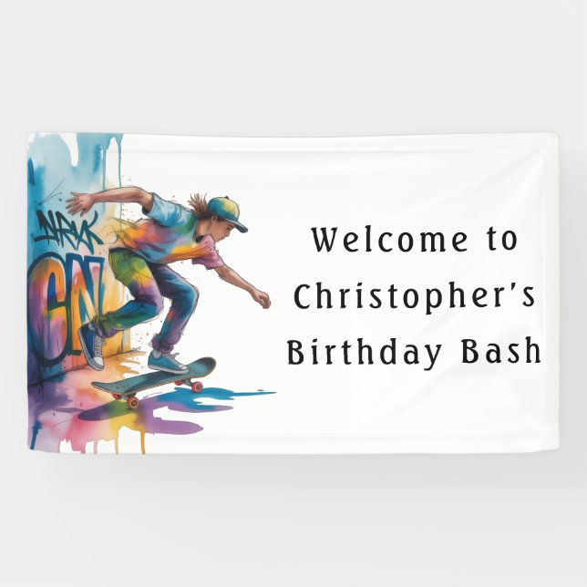 Graffiti Skateboarder Birthday Bash Welcome Sign Banner (Horizontal)