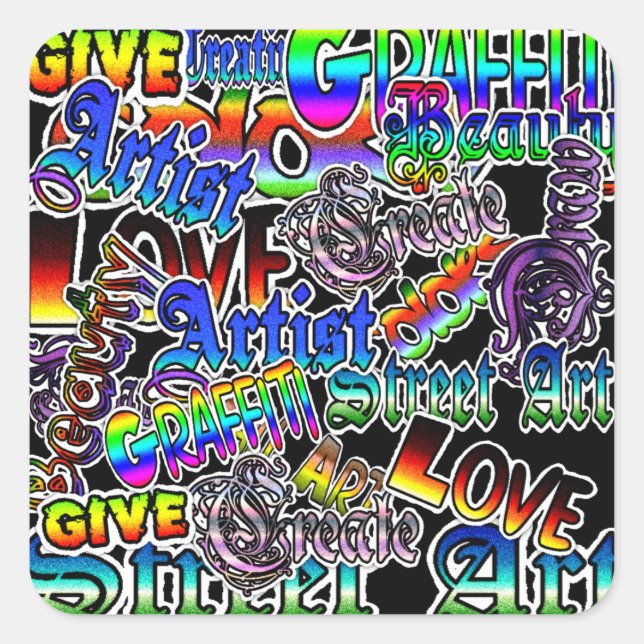 Graffiti-Sticker mit künstlerischen Begriffen Quadratischer Aufkleber (Vorderseite)