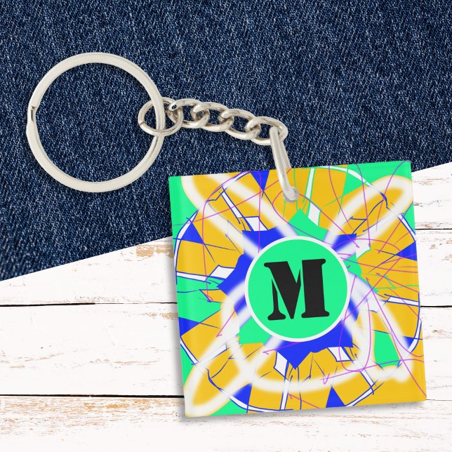 Graffiti Street Art Modern Mit Monogramm Schlüsselanhänger (A monogrammed keyring with abstract colorful design inspired by graffiti and street art)