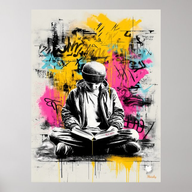 Graffiti Street Art Poster - Boy Reading Urban (Vorne)