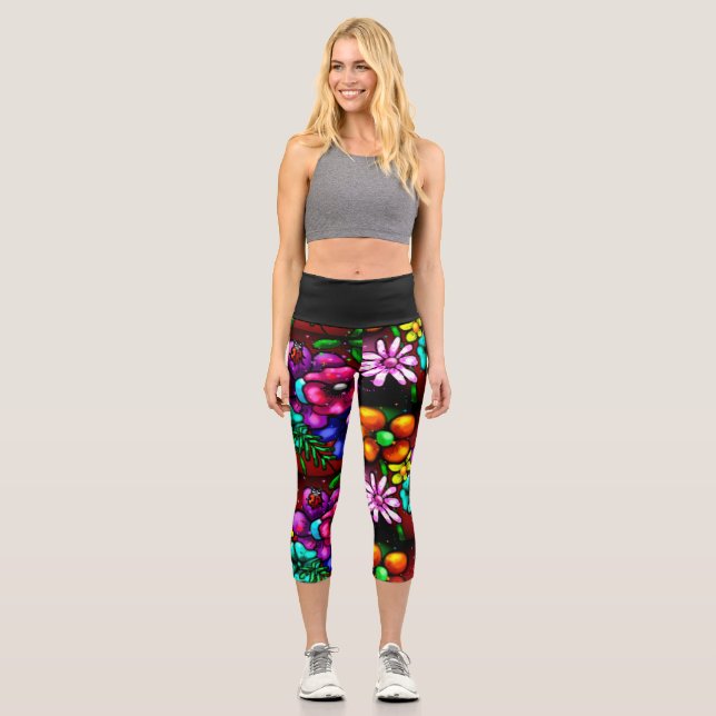 Graffiti Style Blume & Ladybug Rosa Lila Rot Capri Leggings (Vorderseite)