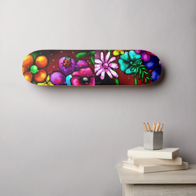 Graffiti Style Blume & Ladybug Rosa Lila Rot Skateboard (Wandkunst (Horz))