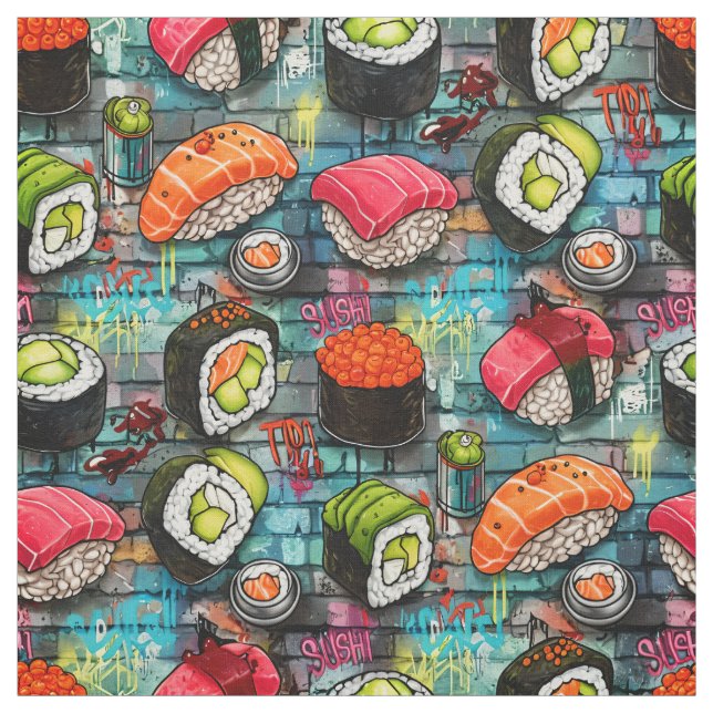Graffiti Sushi Nahtloses Muster Stoff (Muster)