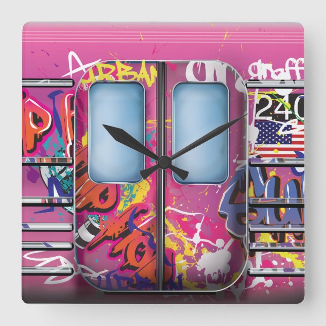 Graffiti-U-Bahn Quadratische Wanduhr (Vorderseite)