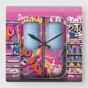 Graffiti-Untergrundbahn Quadratische Wanduhr
