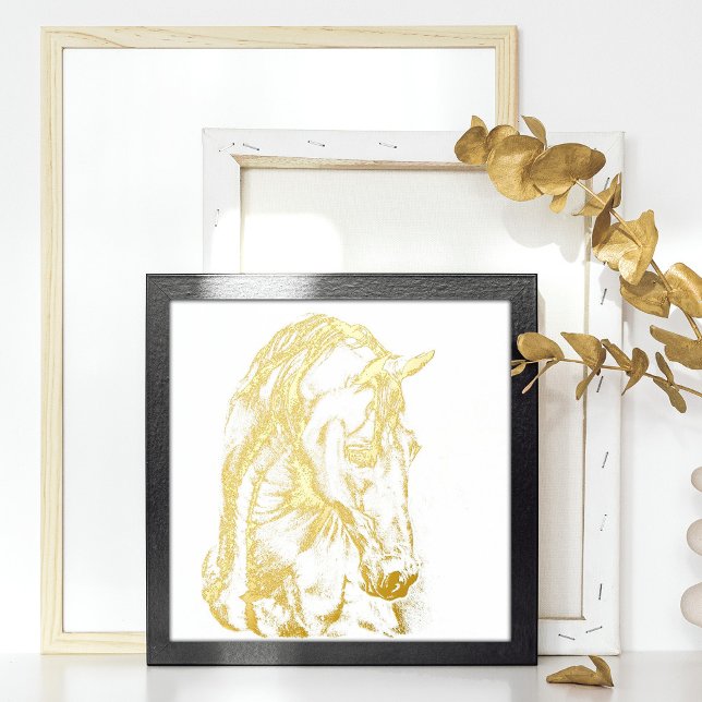 Grafik-Bleistift für Pferde zeichne Goldkunst Foliendrucke (Real gold foil original horse drawing, horse art, gold horse wall decor print.)