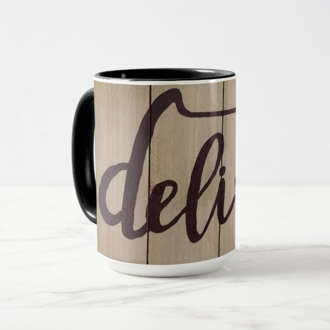 Grafik Word Art DELISH Rustic Brown Tasse (Vorderseite Links)